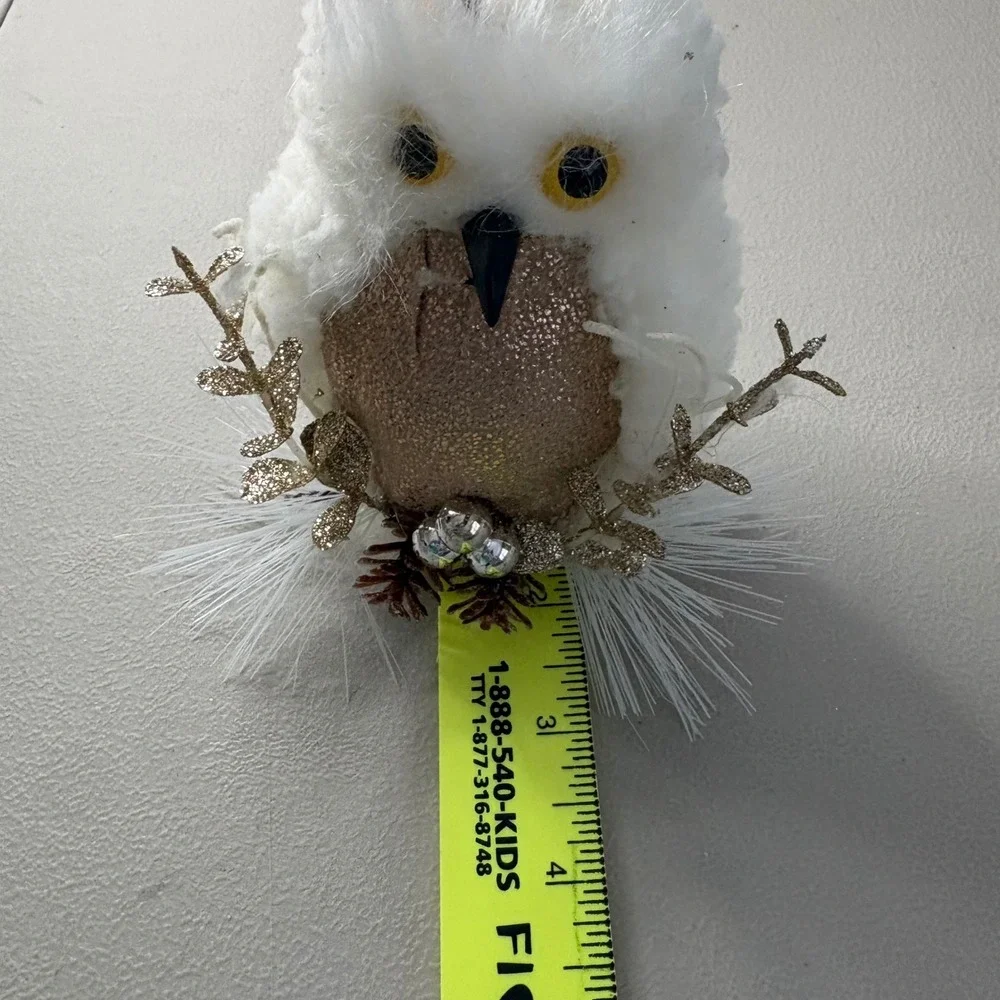Set of 2 White Faux Fur Owl Christmas Ornaments Rose Gold Glitter Accents 5